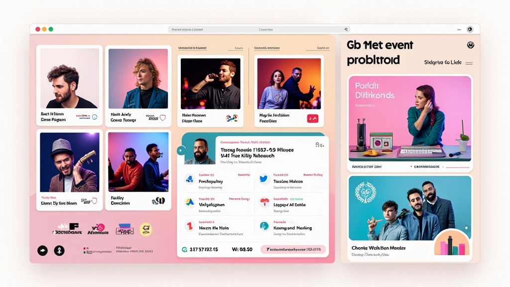 Closeup van artiestkaarten met kleurrijke afbeeldingen, artiestennamen en speeltijden in grid