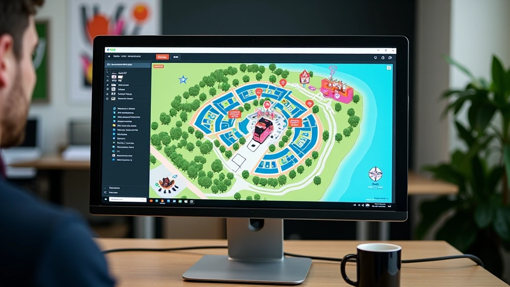 Festivallocatie kaart met markeerders en navigatie-interface op een grote scherm