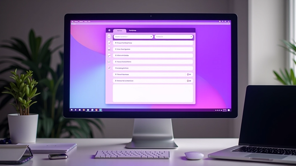 Desktop monitor met mooi ontworpen ticketpagina interface in paars en wit kleurenschema