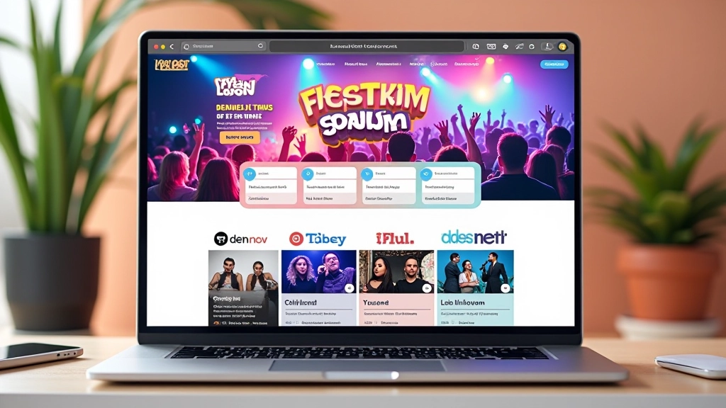 Modern festival website op desktop met kleurrijke ticketinterface en programma weergave