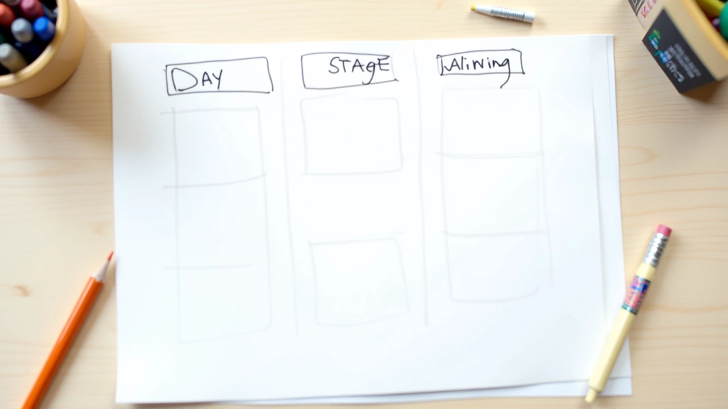 Whiteboard met schema structuur getekend, met vakken voor dag, podium, artiest en tijd informatie