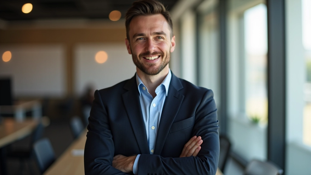 Oprichter van het bureau, professioneel portret in casual kantoor setting