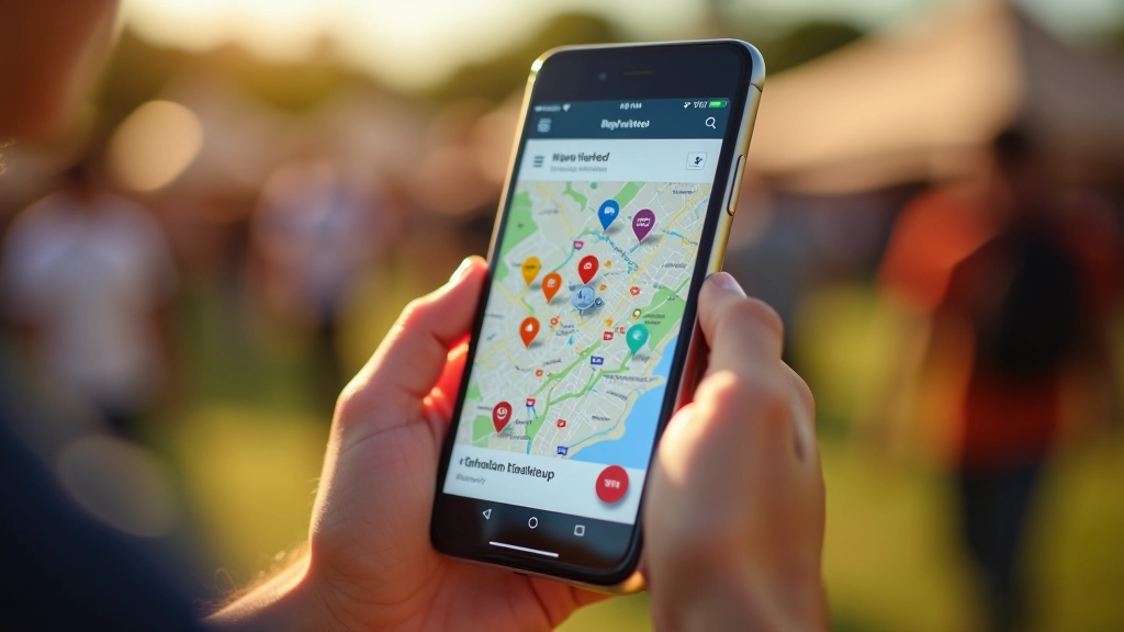 Interactieve festivalkaart op mobiel scherm met duidelijke markeerders en zoomfunctionaliteit