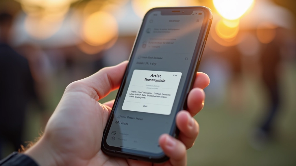 Smartphone scherm met notificatie pop-up, 'Jouw favoriete artiest treedt over 30 minuten op podium B op'