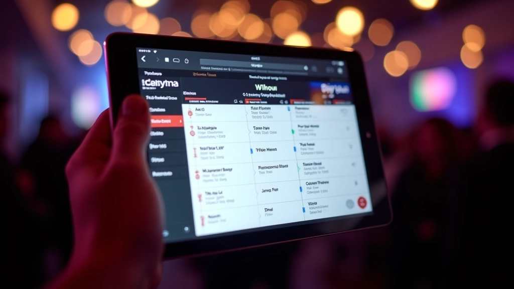 Tablet met festival schema interface, met tabs voor vrijdag zaterdag en zondag bovenaan