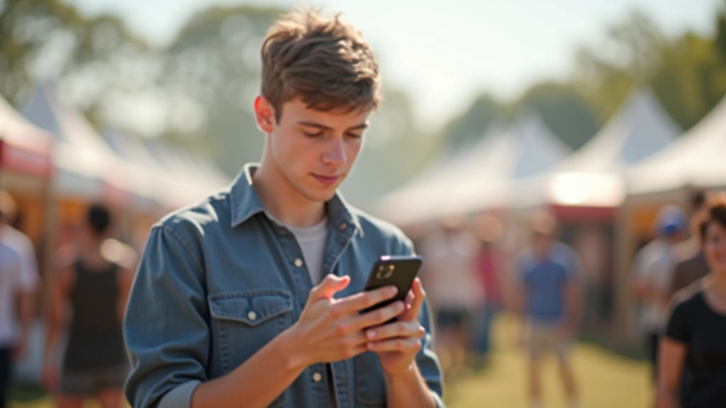 Festivalbezoeker die op mobiele telefoon het programma bekijkt en artiesten filtert op datum